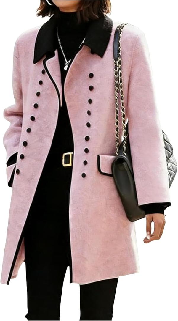 Women's Pink Mid Long Peacoat 2025 Fall Winter Double Breasted Lapel Neck Peacoat Jacket Outwear with Pocket (Large)