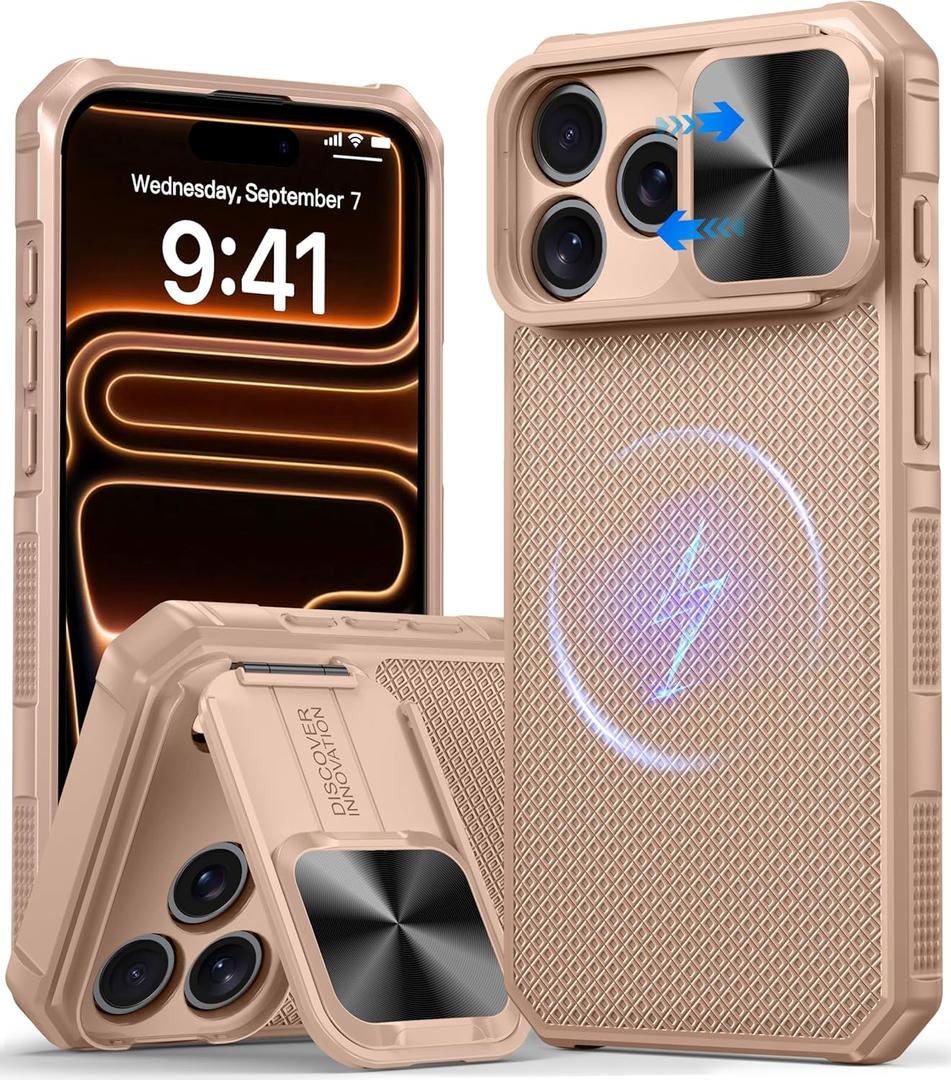 Magnetic for iPhone 17 Pro Max Case,[Compatible with Magsafe][Slide Camera Cover][Kickstand][Military Grade Protection] Shockproof Rugged Case for iPhone 17 Pro Max,Rose Gold