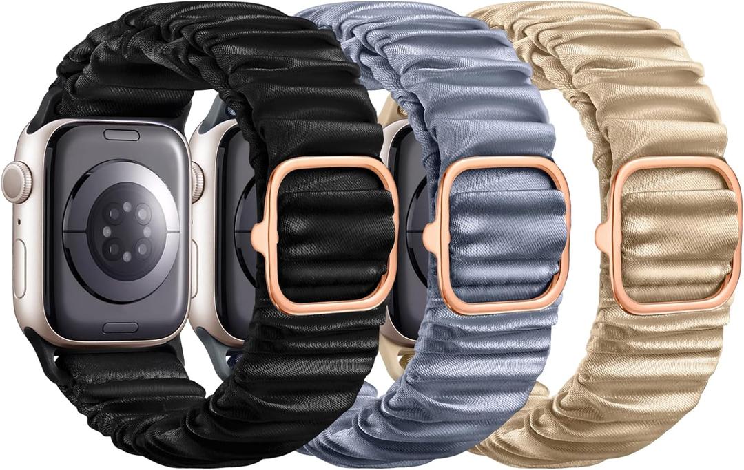 Compatible with Apple Watch Bands for Women 41mm 40mm 38mm 42mm 44mm 45mm 46mm, Scrunchie Stretchy Sport Band Strap Replacement for Apple Watch SE iWatch Series 10 9 8 7 6 5 4 3 Accessories (Walnut/ Blue Gray/ Black)