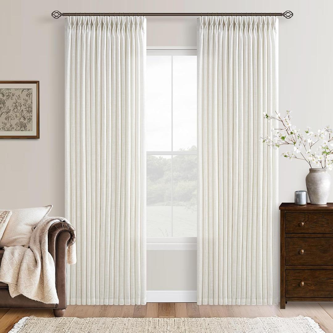 102 Inch Long Pinch Pleat Linen Curtains for Living Room 2 Panels Set Natural Cream Boho Semi Sheer Light Filtering Neutral 102 Inch Pleated Curtain with Rings Hooks Floor Ceiling Bedroom Window