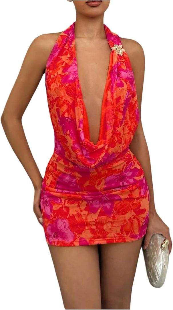 OYOANGLE Women's Sexy Deep V Halter Dress Floral Bodycon Mini Dresses Sleeveless Party Club Outfit, Red, Small