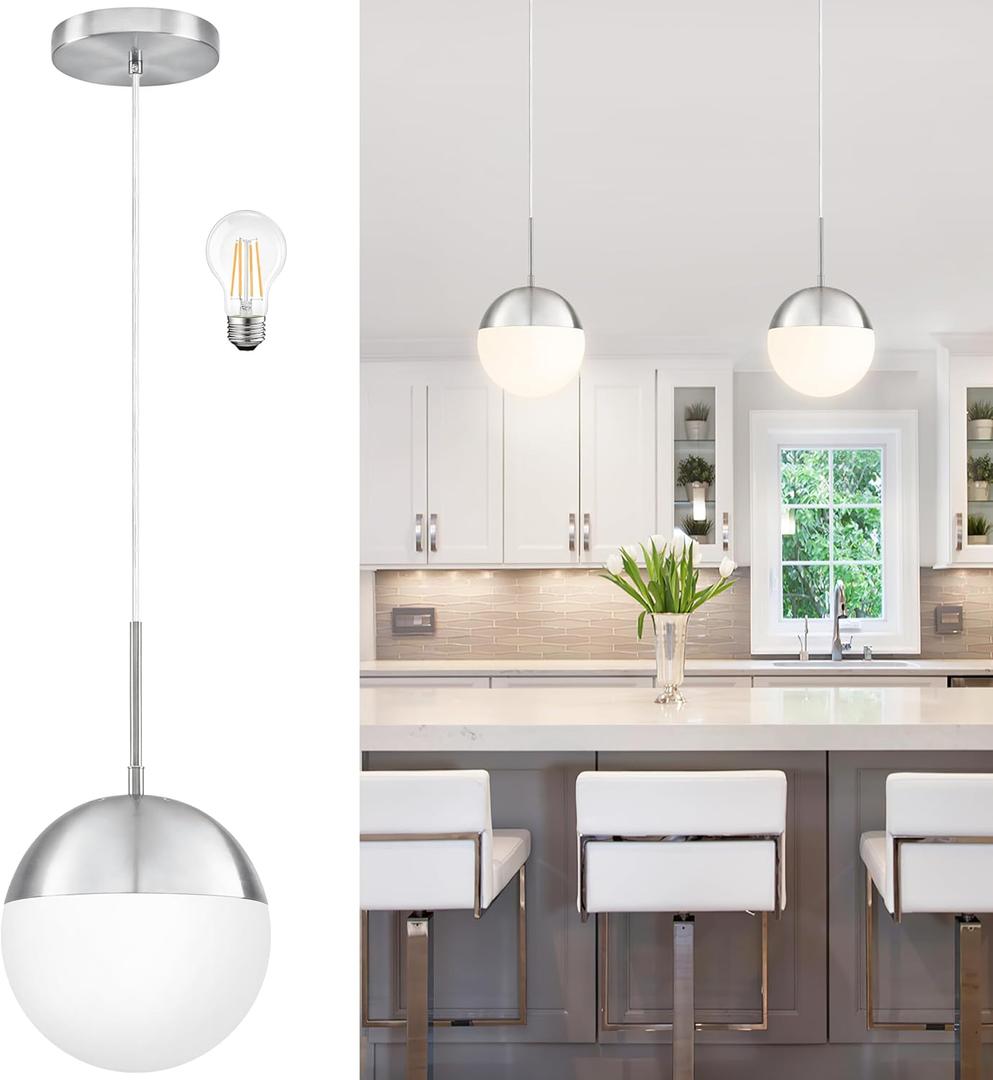 8 Inch Nickel Mid Century Modern Pendant Light Pendants for Kitchen Island Frosted Milky White Glass Globe Height-Adjustable Modern Hanging Globe Pendant Light for Bedroom (Bulb Incl)