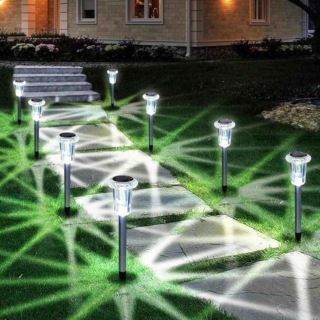 Eyrosa Solar Outdoor Lights, 10 Pack Waterproof Stainless Steel Solar Stake Lights for Pathway Garden Yard Path Walkway Driveway Lawn Patio Outside Decor, Cool White