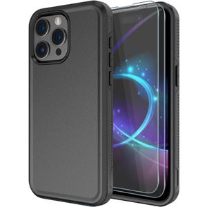 Diverbox for iPhone 15 pro Case [Tempered Glass Screen Protector] [Shockproof] [Dropproof] Heavy Duty Protection Phone Case Cover for Apple iPhone 15 Pro 6.1 inch (Black-2IN1)