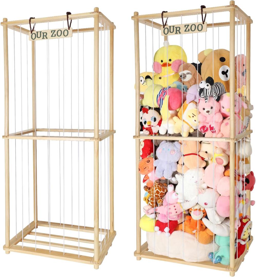 63 Large Stuffed Animal Storage for Children-Wood Plush Storage Organizer Shelf with Elastic Cord for Birthday Gift for Toddler Baby Kid, Play Room Decor Corner