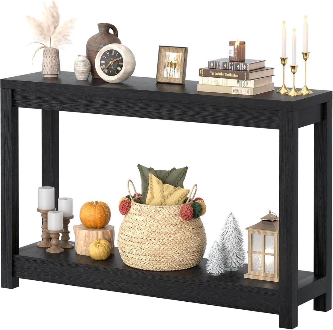 Besiost 47" Farmhouse Wood Entryway Table Narrow Console Table with Storage Behind Couch Sofa Table with Shelves for Entry Way with Open Storage, Easy Assembly, Embossed Wood Grain Black, 47"*31.3