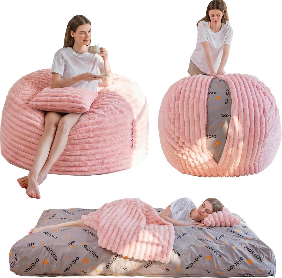MAXYOYO Bean Bag Chair, Giant Bean Bag Chair for Adults, 2-in-1 Queen-Size Bean Bag Chair, Convertible Spacious Floor Couch with Shredded Foam Filling and Removable Cover, Pink Size, 47.2"D x 47.2"W x 27.6"H