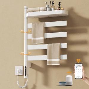 ENZE Smart Rotating Heated Towel Rack for Bathroom, 4-Bar Wall-Mounted Electric Towel Warmer with Swivel Shelf, Wi-Fi App Control, 24H Timer, Stainless Steel, IPX5, Hardwired/Plug-in, White