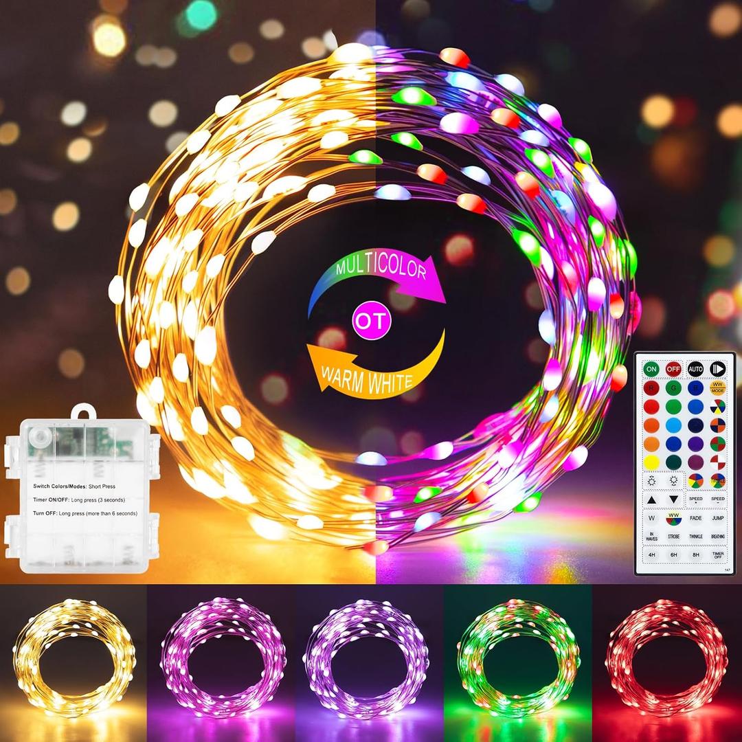 echosari Fairy Lights Battery Operated, 33Ft 100 LED 150 Scene Modes Silver Wire Twinkle Lights with Remote Timer for Bedroom Trees Garden Decor (RGB + 2700K Warm White)