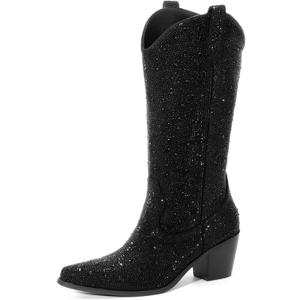 Womens Rhinestone Cowboy Boots Mid Calf Pointed Toe Sparkly Block Heel Cowgirl Boots with Pull On Tabs (6.5, Black)