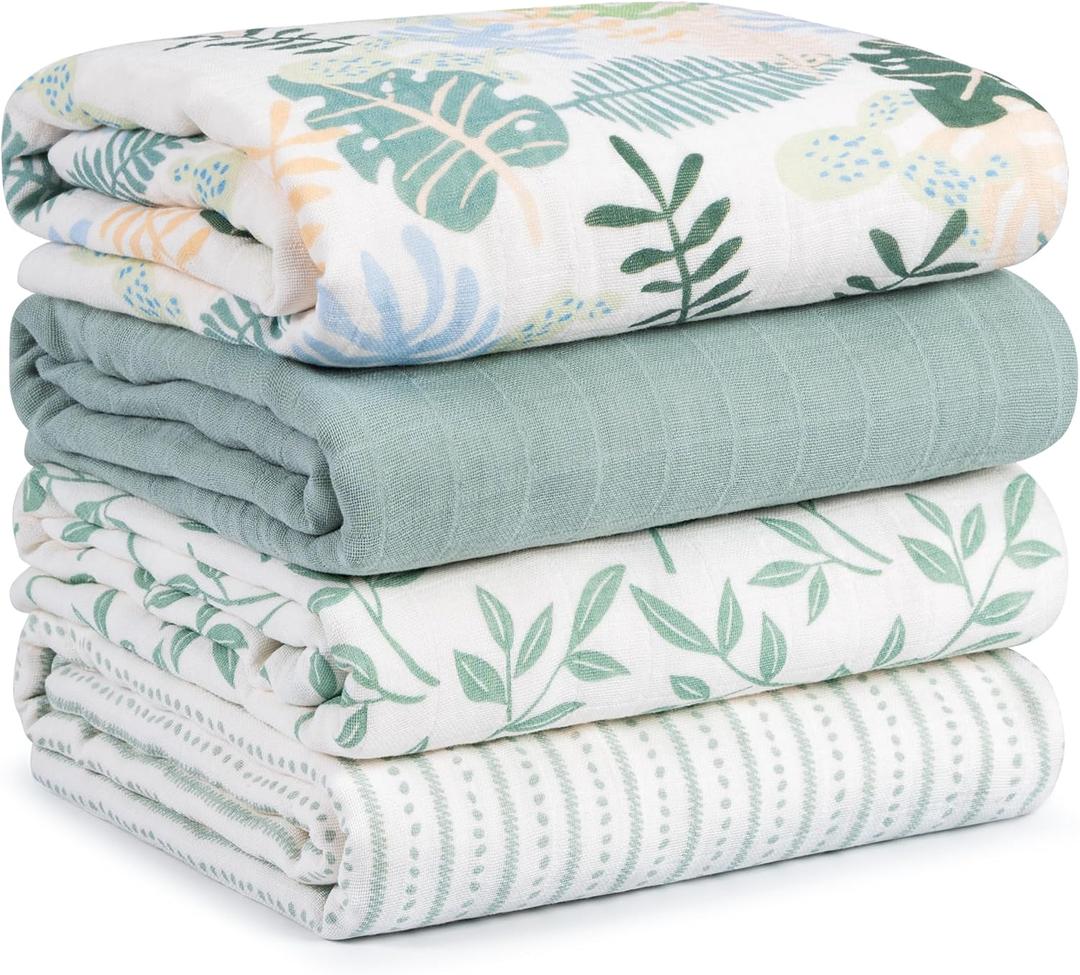 Muslin Swaddle Blankets for Newborn, 4 Pack Cotton Baby Blankets Neutral, Large 31.5 x 43.3 Breathable Soft Receiving Blanket, Essentials Swaddle Wrap Burping Clothes, Sage Green
