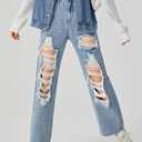 WDIRARA Girl's Figure Graphic Print High Waist Ripped Jeans Casual Button Denim Pants