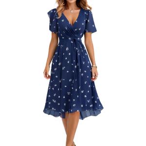 Summer Dresses for Women 2026 Floral Chiffon Dress Casual Short Sleeve Empire Waist Midi Dress Beach Vacation Outfits (Blue, L)