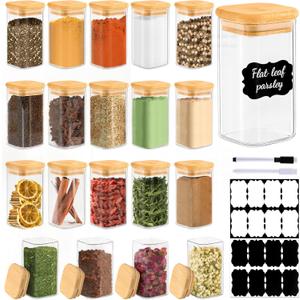 20 Pack 8 oz Square Glass Spice Jars with Lids and Labels  Airtight Small Spice Containers Set, Clear Glass Storage Jars for Seasoning, Spices, Kitchen Pantry Organization
