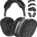 [4 in 1] Flower Engraved Silicone Case Cover for AirPods Max USB-C (2024), Anti-Scratch Sweat-Proof Ear Pad Case Cover/Ear Cups Cover/Headband Cover Accessories for AirPods Max Headphones (Black)