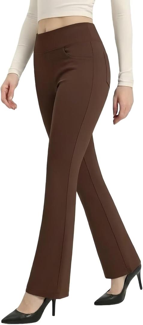 Women's High Waist Dress Pants Stretchy Pull On Work Trouser Business Casual Office Slack 4 Pockets Bootcut Flare Leg (Brown, XL)