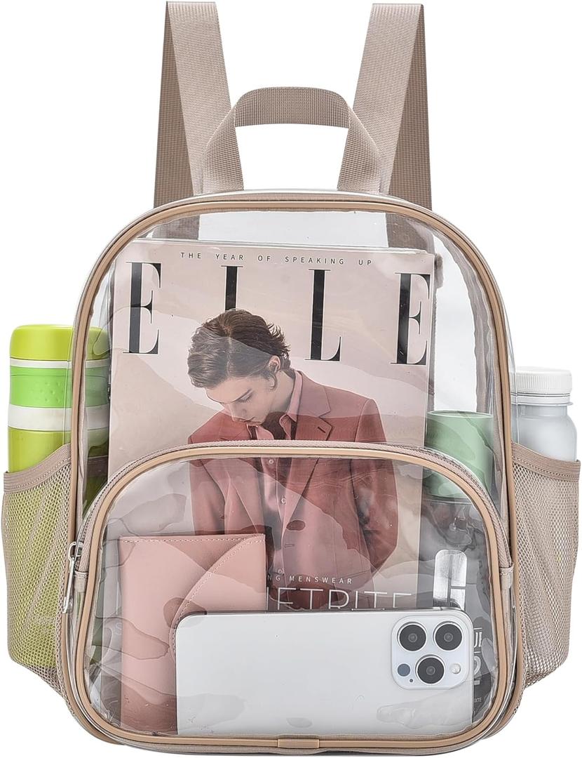 Busiuw Clear Backpack for Stadium Events 12x12x6 with Front Pocket for Concert Sport Fashion Women Backpack Events Work Travel(Khaki)