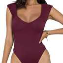 REORIA Butsmooth Women's Trendy Sexy Casual V Neck Double Lined Sleeveless Slimming Going Out Tank Top Bodysuits (Large, Burgundy)
