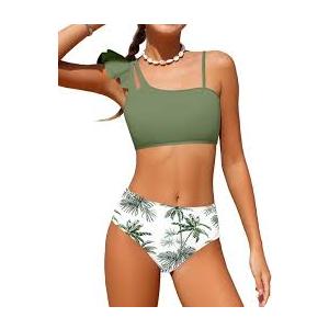 NAPU Girls Swimsuit 2 Piece Bikini Set Ruffle Bathing Suit for Girls Tropical Teen Swimsuits Summer Beach Swimwear 5-16 Years, Green 14-16