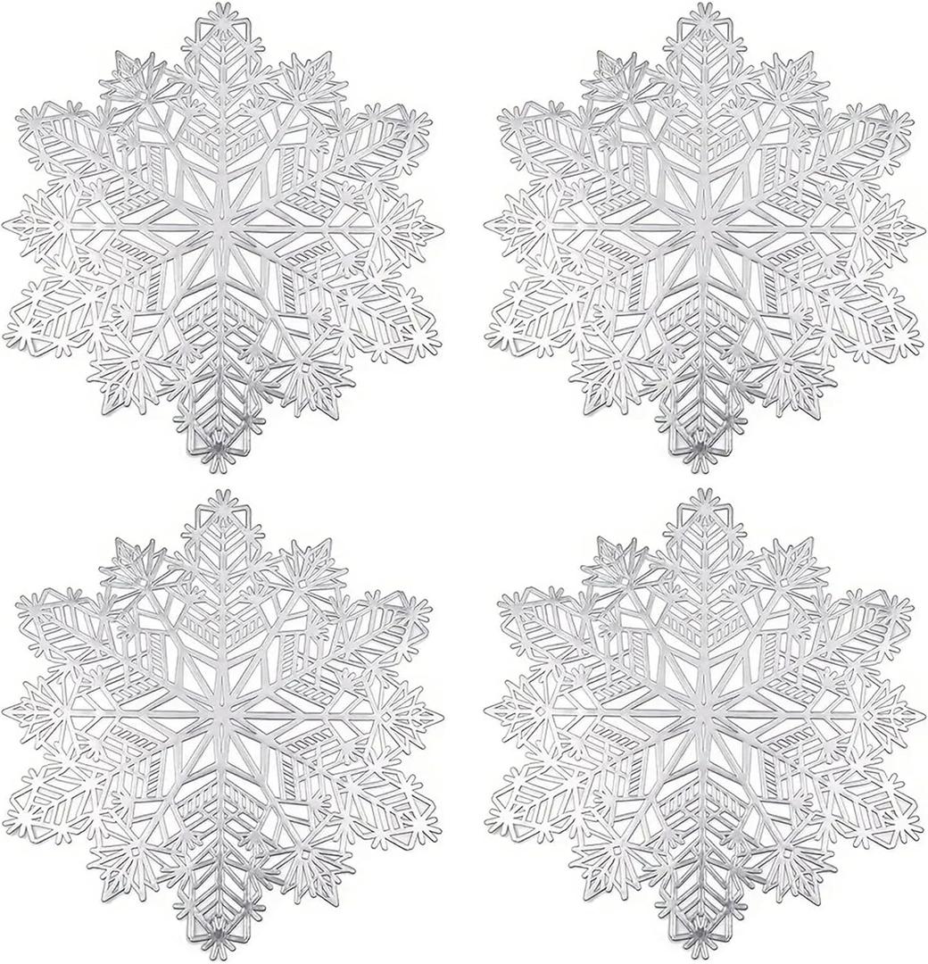 Christmas Silver Snowflake Placemats Set of 4, 15" Non Slip Heat Insulation Table PlaceMats, Silver Dinner Place Mats Snowflake Table Decors Winter Christmas Decorations