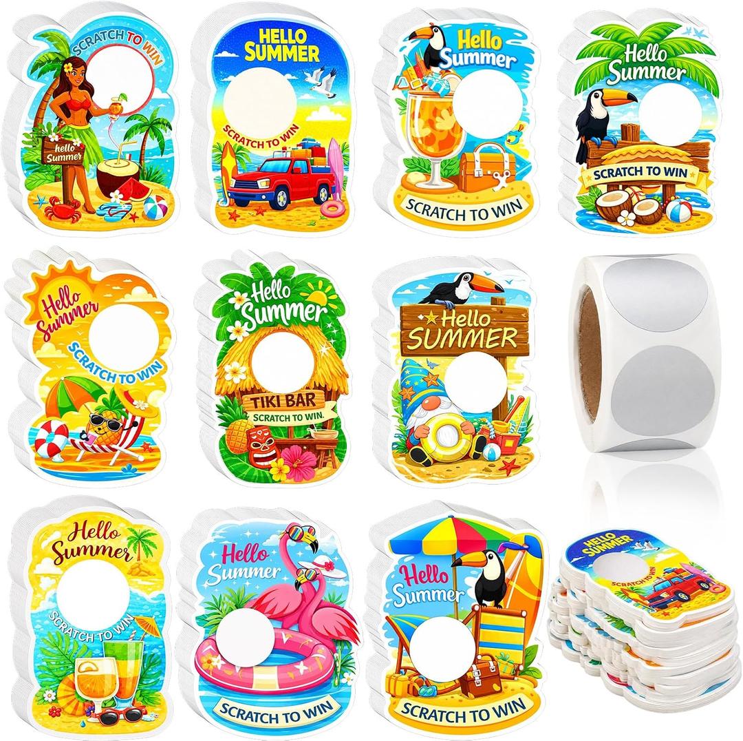 AmazingSpark 100 Pcs Summer Hawaii Scratch Off Cards 10 Styles Holiday DIY Scratch Blank Gift Certificates with 300 Stickers Party Game Cards for Adults Groups Party Favor Prizes Business