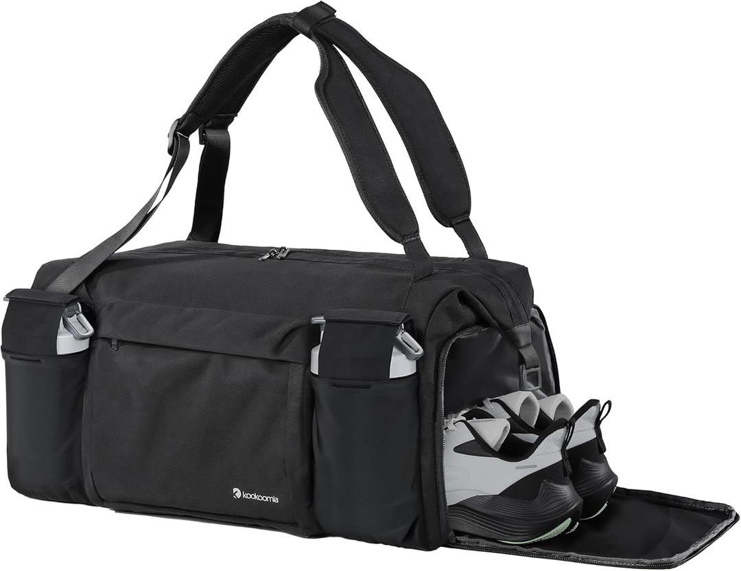 Kookoomia Gym Bag for Men with 2 Upgraded Bottle Holders Convertible Duffle Bag and Gym Backpack Waterproof Sports Bags with Shoes Compartment and Wet Pocket - Black (Large)
