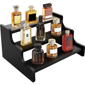 Wooden Cologne Organizer for Men, Cologne Stand with Anti-Slip Washers, Wooden Display Risers Stand for Figures, Fragrances, Dessert, Cupcake, Makeup (Black, 3-tier-9.4in)