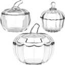 3Pcs Glass Pumpkin Jar with Lids Crystal Candy Dish Clear Apothecary Jar Covered Candy Bowl Cute Jewelry Cookie Snack Box for Home Party Wedding Office Desk