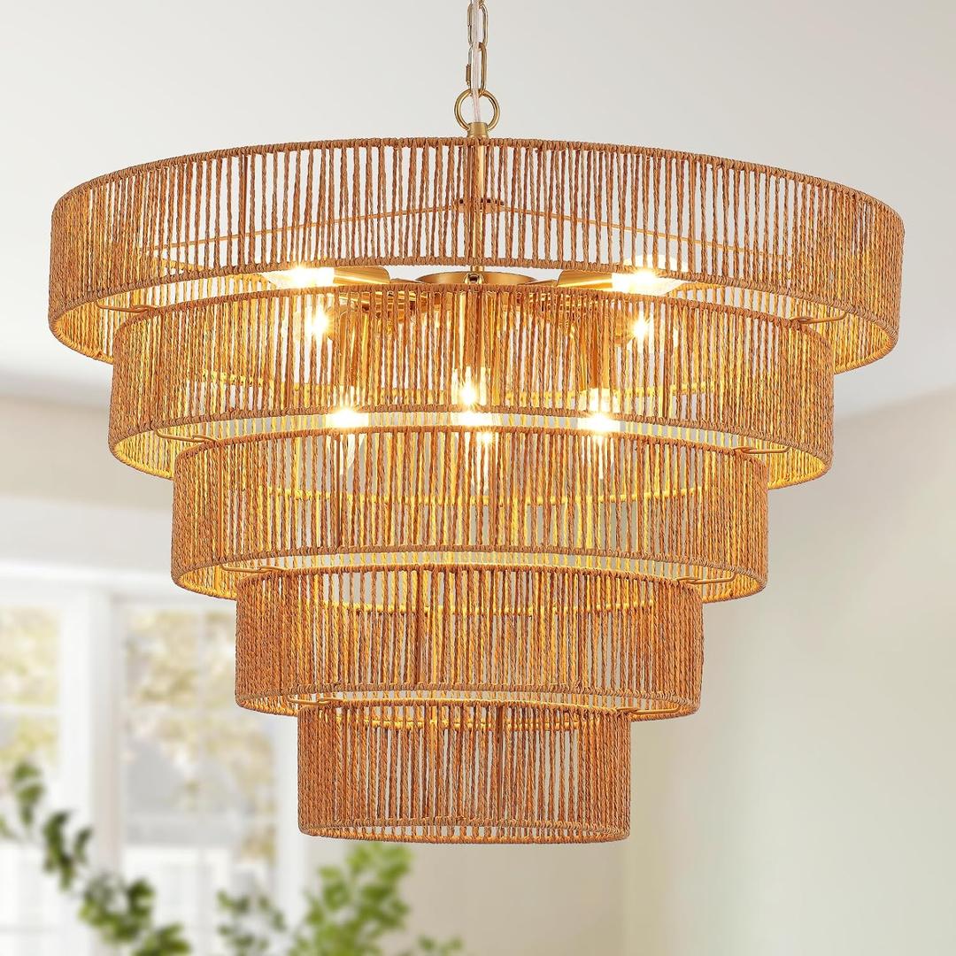 25.6" Large Rattan Gold Chandelier for Dining Room, Farmhouse 8-Lights Boho Hand-Woven Bamboo Chandelier, Drum Wicker Golden Chandeliers for Kitchen Island, Living Room, Bedroom