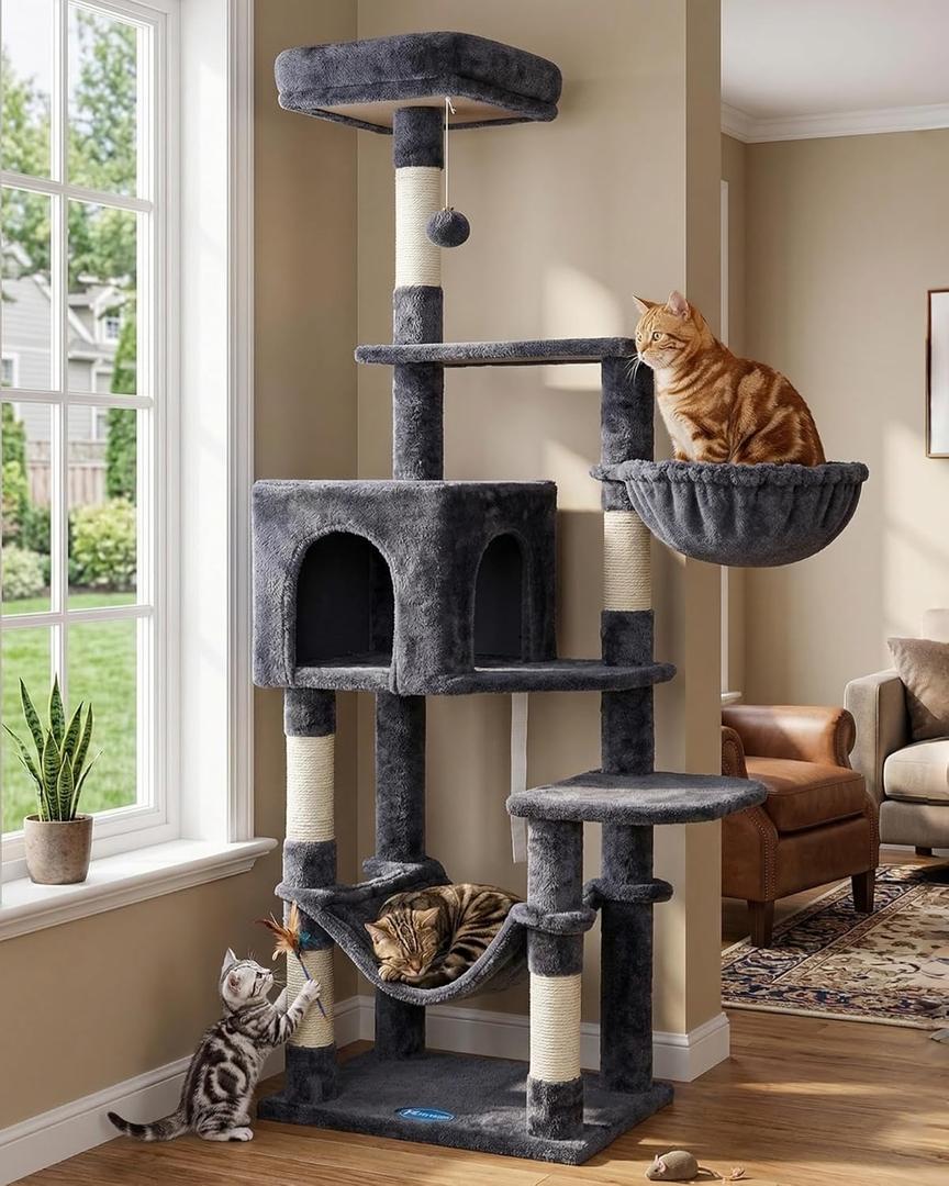 Hey-brother Cat Tree with Large Hammock, Multi-Level Cat Tower for Indoor Cats, Cat Condo with Sisal-Covered Scratching Posts and Top Perch, Smoky Gray MPJ050G, 60.6''H