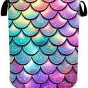Mermaid Scale Laundry Basket, Glitter Rainbow Laundry HamperFoldable Waterproof Funny Tote Bag Dirty Clothes Storage Bucket Toy Organizer for Bathroom/Laundry/Bedroom 15.7"x19.6"