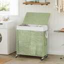 WOWLIVE Double Laundry Hamper with Lid, Handwoven Rolling Laundry Basket with Wheels, 115L Dirty Clothes Hamper with Removable Liner Bag Large Capacity Laundry Sorter Laundry Room Organization,Green