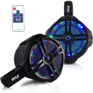 Pyle Waterproof Marine Wakeboard Tower Speakers - 8in Dual Subwoofer Speaker Set and 1”Tweeter,LED Lights and 260 Watt Power -2-way Boat Audio System with Mounting Bracket -1 Pair-PLMRWB85LEB (Black)