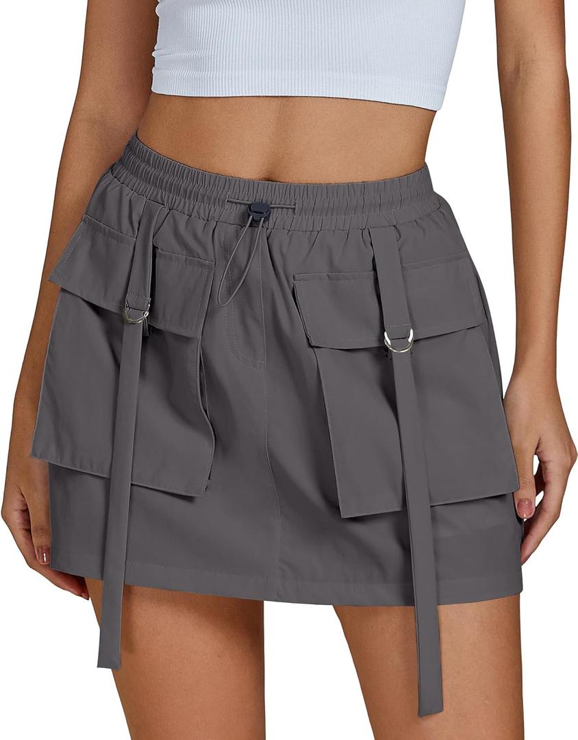luvamia Skorts for Woman High Waisted Cargo Pocket Elastic Waist Fast Dry Casual Hiking Tennis Sports Skirts with Shorts (Gray, S)