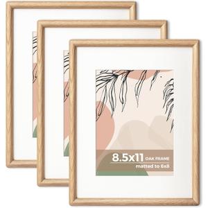 Axeman 8.5 by 11 Picture Frame Set of 3 - Solid Oak Frame 8.5 x 11 Matted to 6x8 - Rounded Corner 8.5x11 Photo Frame with Tempered Glass - Oak Wood Certificate Frames Document Frames - Oak