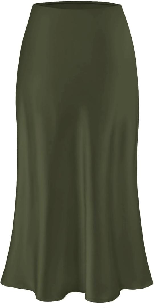 Amy Babe Womens Satin Silk Midi Skirt High Waist A-Line Casual Elastic Waist Long Skirts for Women M
