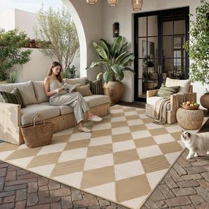 WondRg Outdoor Plastic Checkered Rug Waterproof Patio 8x10 Beige Brown Diamond Geometry Mat for Porch Camping RV Balcony Deck Courtyard Reversible Lightweight Durable Portable