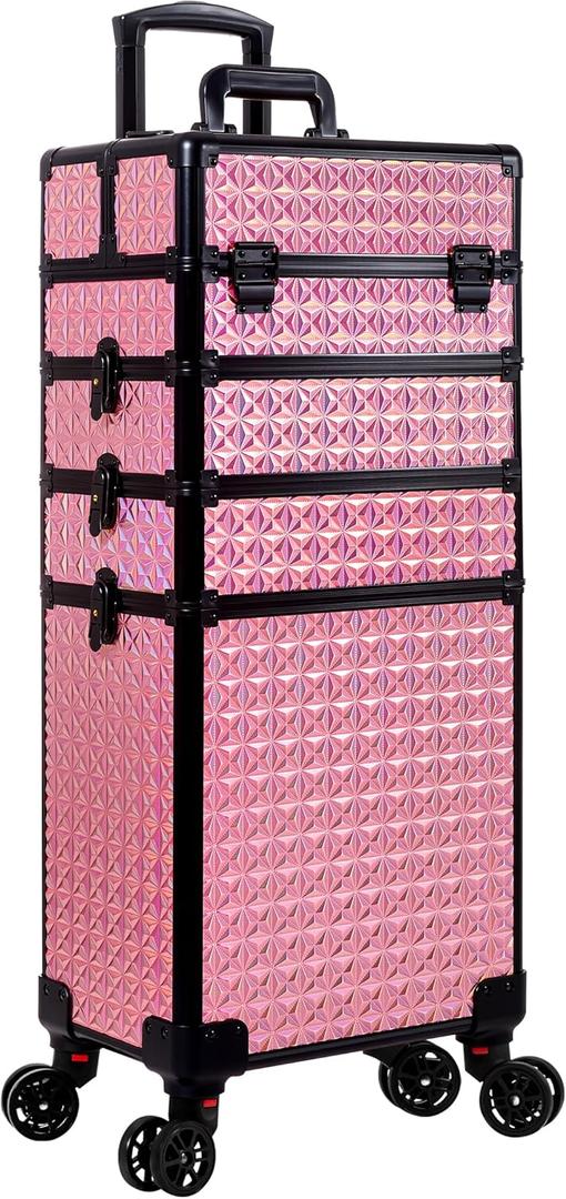 AROUS 5 in 1 Rolling Makeup Train Case Cosmetology Case on Wheels Large Cosmetic Organizer Travel Cart for Hairstylist Artist Nail Beauty Salon Barber,Pink