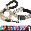 Ladoogo Reflective Dog Collar Padded with Soft Neoprene Breathable Adjustable Nylon Dog Collars for Small Medium Large Dogs (Medium (Pack of 1), Vanilla Plaid Collar+Leash)