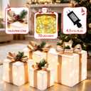 Set of 4 Christmas Lighted Gift Boxes, 70 Led Light Up White Iron Frame Present Box with Pine Cones Bows for Christmas Tree Party Yard Holiday Indoor Outdoor Decoration