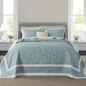 FineStichery Oversized Quilt Bedspread Coverlet Set, 102"x120" 100% Cotton Extra Large Quilt, Botanical Pattern, Lightweight Quilted Reversible Bedding Set with 2 Pillow Shams, Teal/Beige