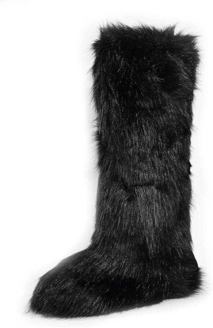YXCFEWD Faux Fur Boots for Women Winter Knee High Furry Boots Fuzzy Fluffy for Girls Flat Snow Long Boots (Black)
