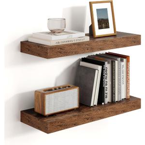 Heimlove 16 inch Brown Floating Shelves for Wall,6.7 inch Deep Small Bathroom Over Toilet Shelf,Wall Mounted Wood Shelves for Bedroom,Living Room,Kitchen,Office,Set of 2