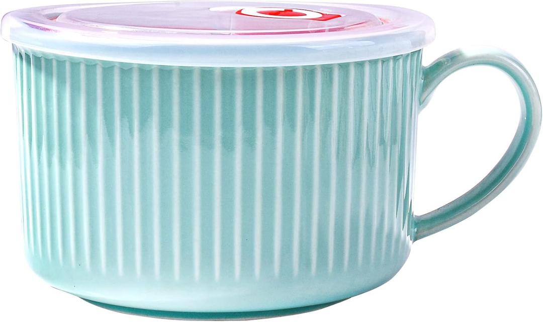 Soup Mug with Lid Noodle Bowl with Handle for Kitchen Microwave Bowl Ceramic Mug 30.4 OZ Cereal Bowls for Pho Chip Fruits Salad and Noodle Blue