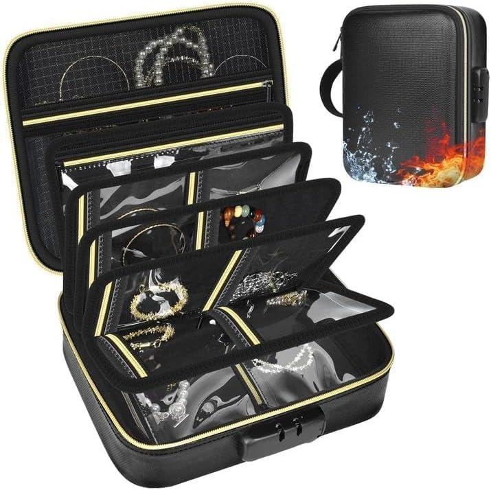 Fireproof Travel Jewelry Organizer Case with Lock, Portable Jewelry Binder with 6 Detachable Loose-leaf Pages, Clear Storage Book for Necklaces, Earrings, Rings & Bracelets (Bag Only)