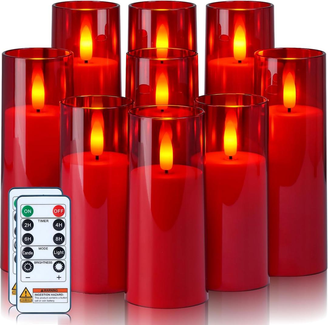 Homemory Decorative Flameless Candles, Battery Operated Candles with Remote & Timer, Flickering Led Pillar Candles, Plexiglass, Red, Pack of 9, D2.2 xH 5" 6" 7"