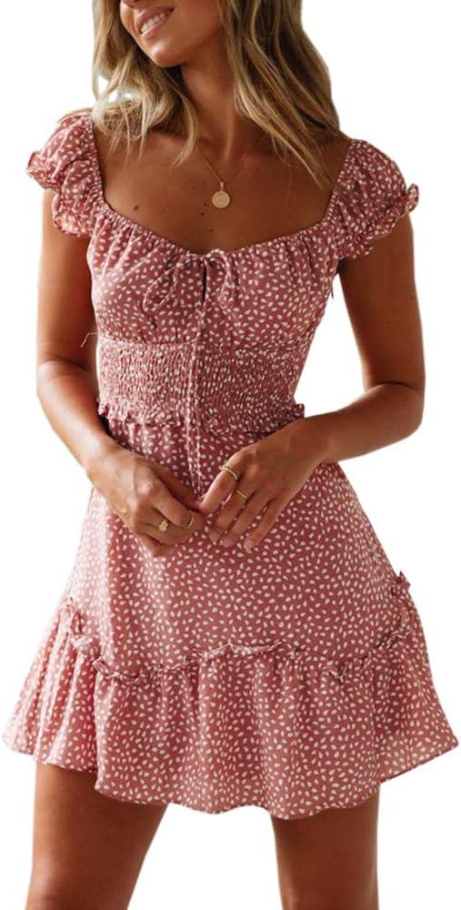 Valphsio Womens Smocked Dress Ruffle Floral Tie Front Boho Short Dresses Red S