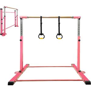 Gymnastics Bar for Kids Girls Ages 3-15 with Ring for Home Indoor Training Equipment- Steady Steel Construction, Anti-Slip, Easy to Assemble, 3' to 5' Adjustable Height (4.8FT, PINK)