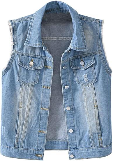 Women's Buttoned Washed Denim Jacket Sleeveless Crop Vest M