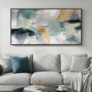 Extra Large Framed Abstract Wall Art for Living Room, Horizontal Grey Teal Canvas Prints Paintings Artwork for Walls, Modern Minimalist Pictures Wall Decor for Bedroom Dining Room Office, 30x60 In